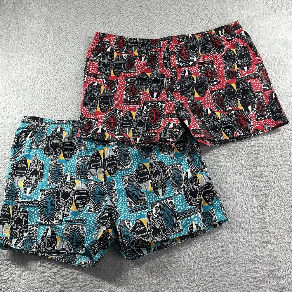 VINTAGE Exchange Sport Shorts Mens Large Kuba Cloth African Symbols Masks Lot 2‎